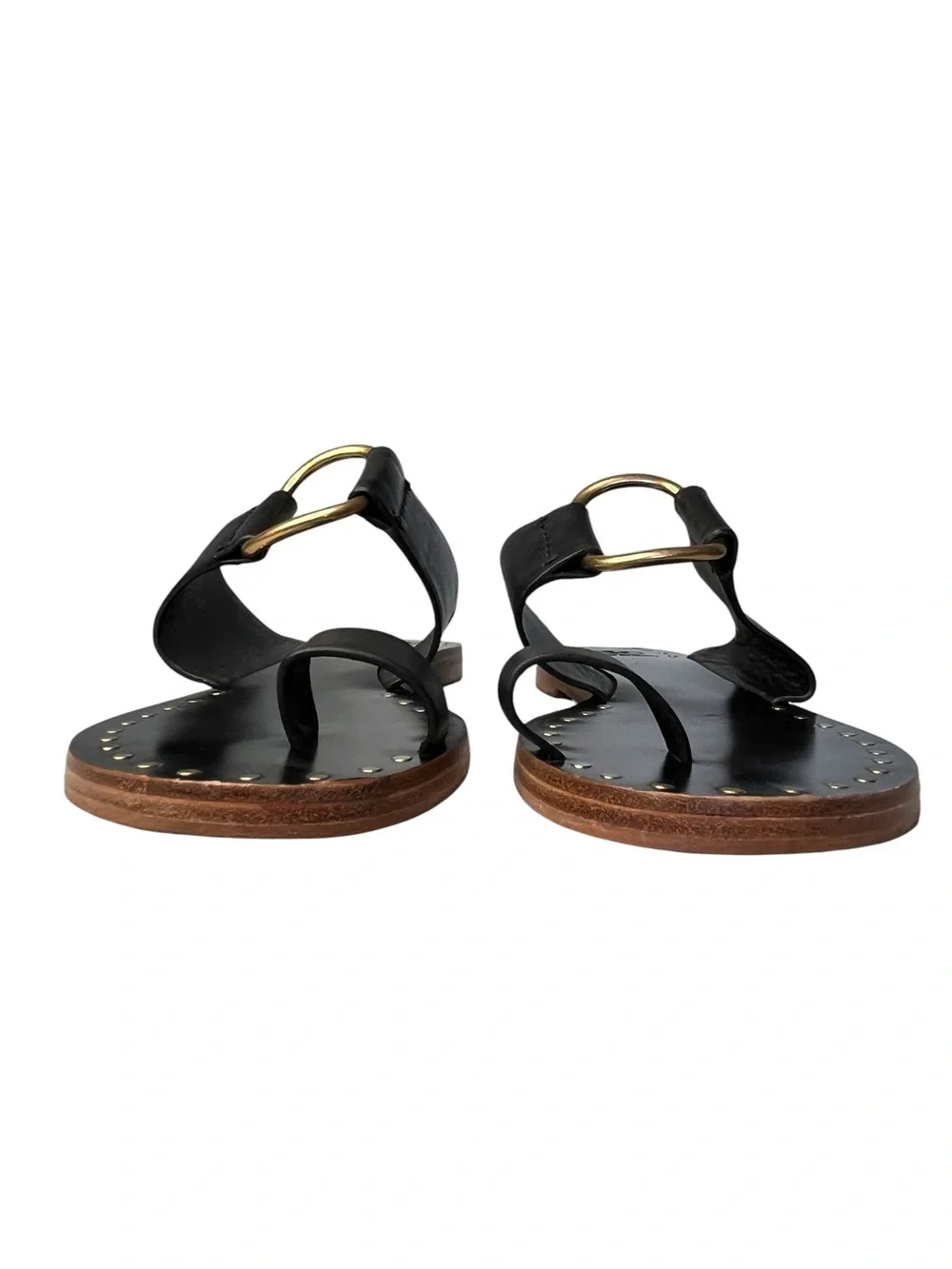 Tory Burch Ravello Black Leather Toe Ring Gold-Tone Studded Sandals Sz 8